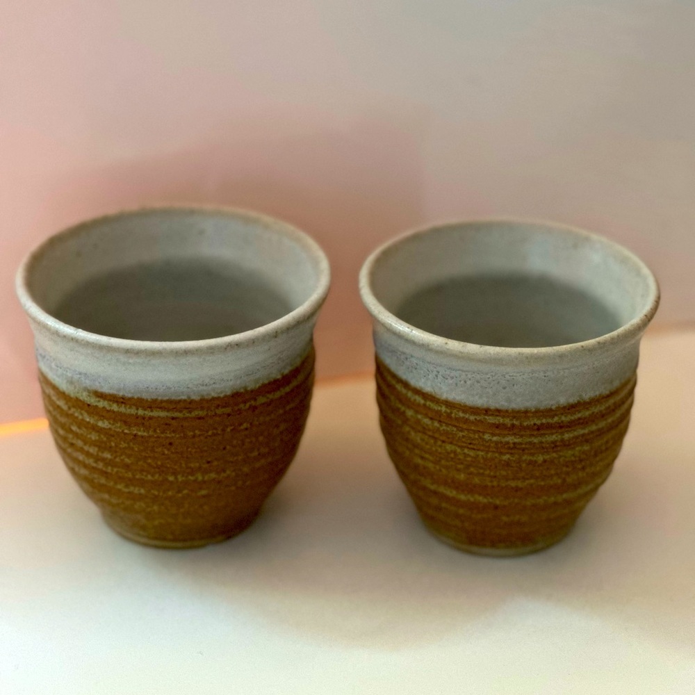 Handmade Artisan Signed BOBBLE Studio Art Pottery Set 2 Sake Tea Cups Planters